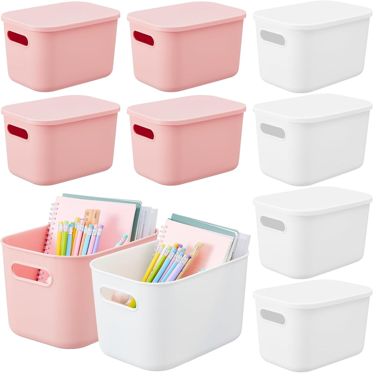 Hoolerry 8 Pieces Colorful Storage Bins with Lid, Plastic Storage Basket Organizing Container Stackable Box with Handle for Shelves Desktop Playroom Office(14.2 x 10.2 x 9.5 Inch,White and Pink)