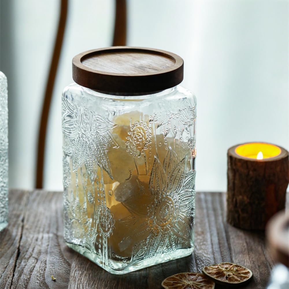 ANSQU Vintage Glass Storage Jar, Glass Canister Storage Jar Container with Airtight Wooden Lid for Kitchen Counter, Pantry, Coffee, Tea, Sugar, Cookie Jars (Round&Square-Sunflower)