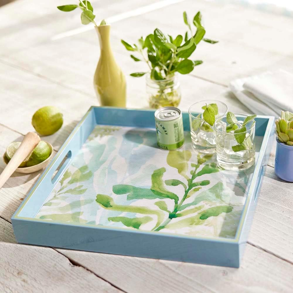 rockflowerpaper Sea Kelp 15inch Square Lacquered Wooden Serving Tray with Handles, Coffee Table Ottoman Tray for Dining. for Food, Drinks, Cocktail, Great for Parties, Entertaining & Gift