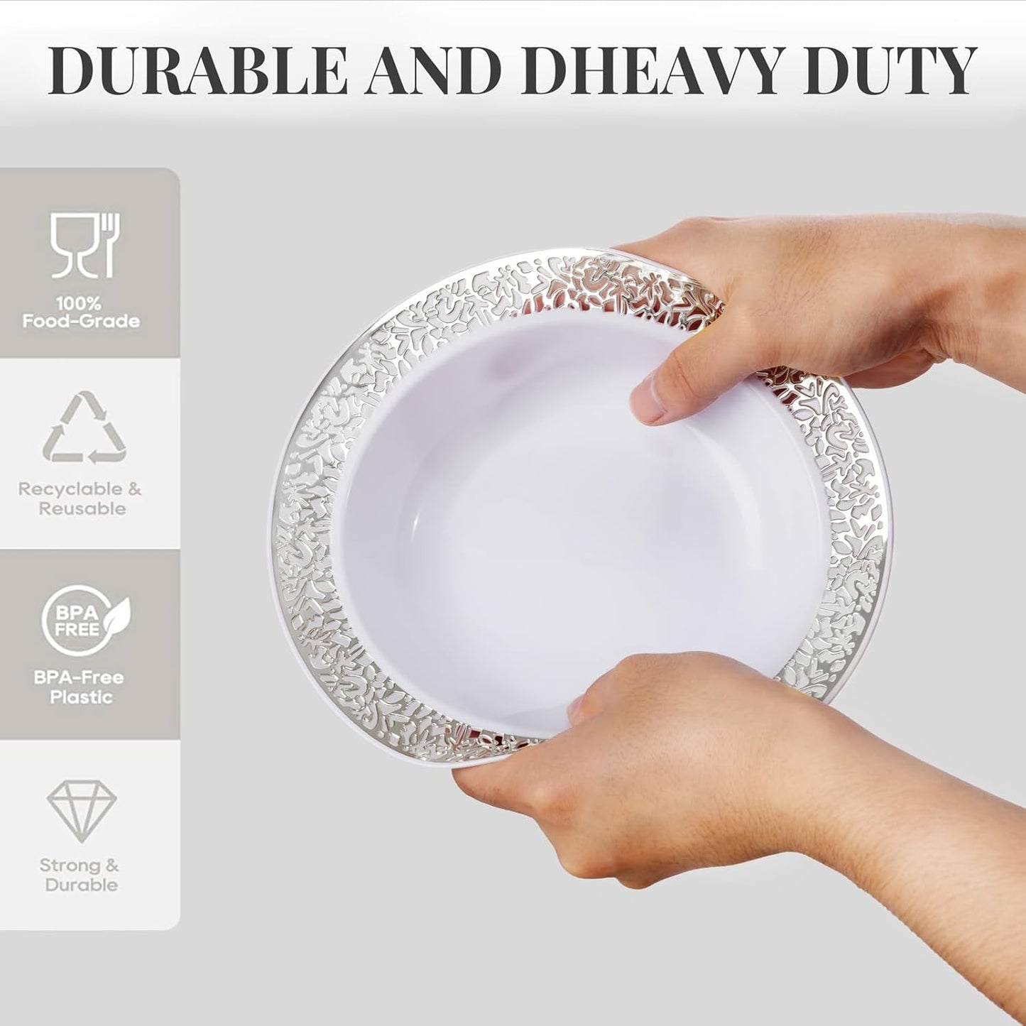 I00000 60 Plastic Soup Bowls 12 oz, Silver Disposable Dessert Salad Bowls,Silver Platsic Party Dishes for Party and Wedding