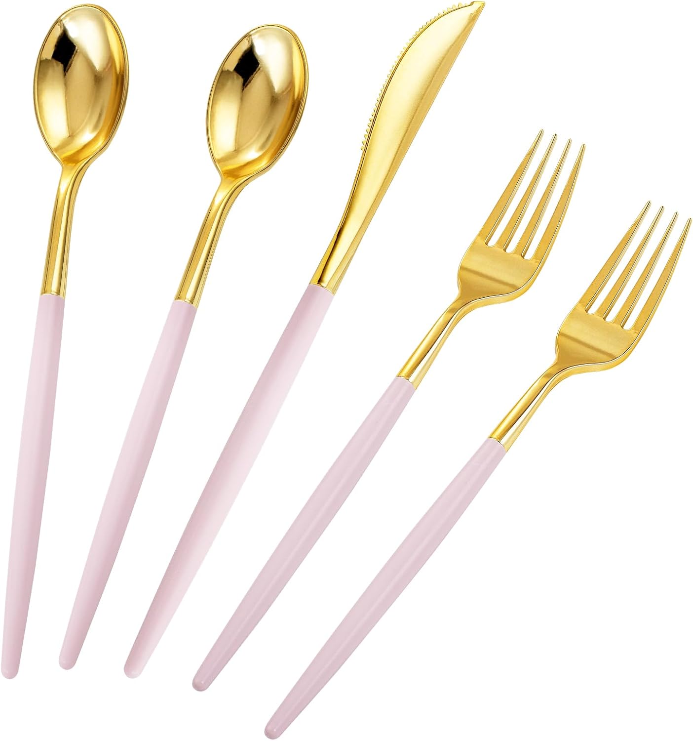 Rubtlamp 90Pcs Gold Plastic Silverware, Gold Plastic Utensils With Pink Handles Include 30 Plastic Gold Knives, 60 Plastic Forks and Spoons, Pink Plastic Silverware Heavy Duty For Party