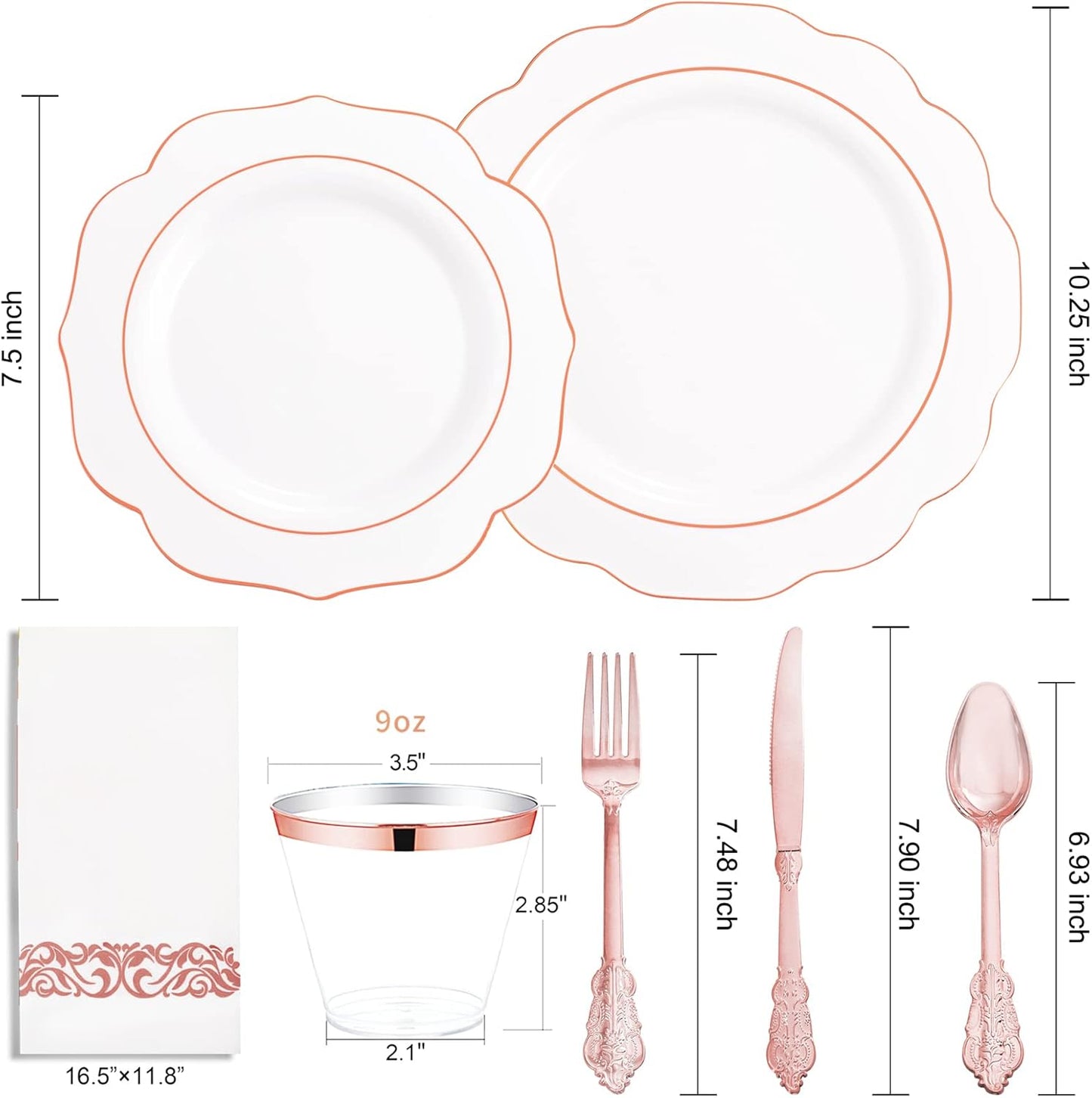 NOCCUR 175PCS Rose Gold Plastic Plates with Disposable Silverware - Include 25Dinner Plates, 25Dessert Plates, 25Forks, 25Knives, 25Spoons, 25Cups, 25Napkins for Wedding&Party