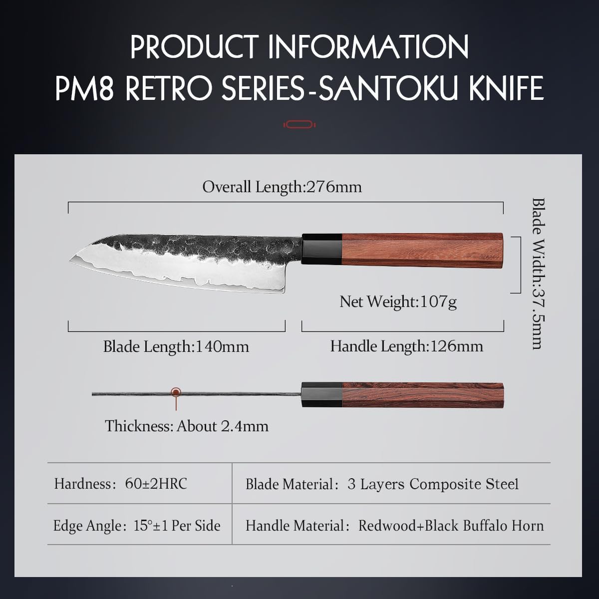 HEZHEN 5.5 Inches Santoku Knife, Three-layer Clad Steel, Professional small Japanese Chef Knife, Ultra Sharp Blade, Red Wood Octagonal Handle