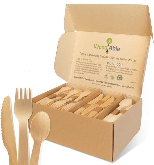 Disposable Wooden Cutlery Set - 100% Home Compostable - 480 Mix (240 Forks, 80 Spoons and 160 Knives) 6.5", Bamboo Utensils Alternative, Eco-Friendly, Organic, Sustainable and Carbon Neutral Certified