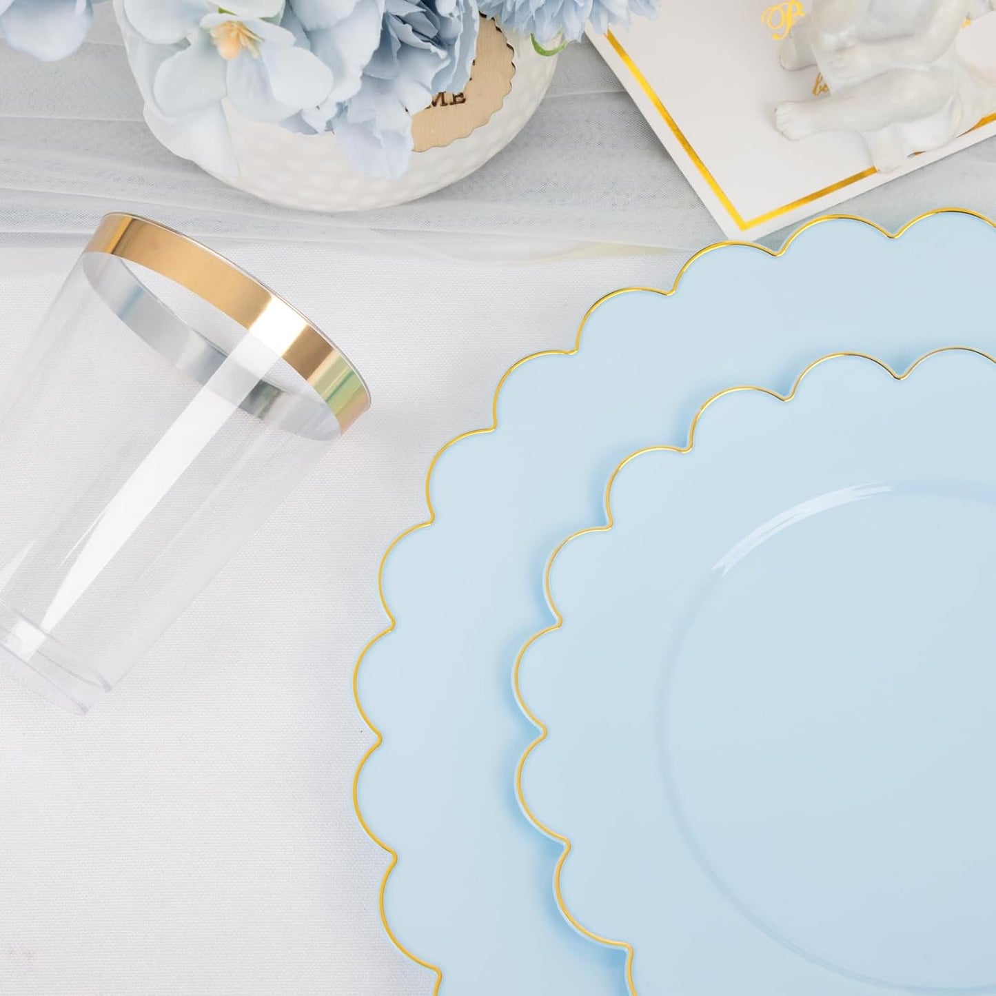 LIYH 210 Pcs Light Blue Plastic Dinnerware Set - Baby Blue Plastic Plates Napkins with Gold Foil Include Bridal Shower Plates Disposable Gold Silverware Napkins Cups for Birthday 30 Guests