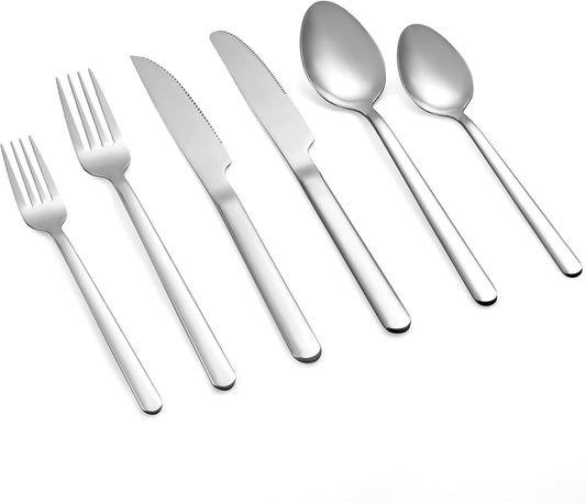 24 Pcs Silverware Set with Steak Knives, Stainless Steel Flatware Set for 4, Food-Grade Cutlery Set, Mirror Polished Tableware Eating Utensils Set for Kitchen, Knife Fork Spoon Set, Dishwasher Safe