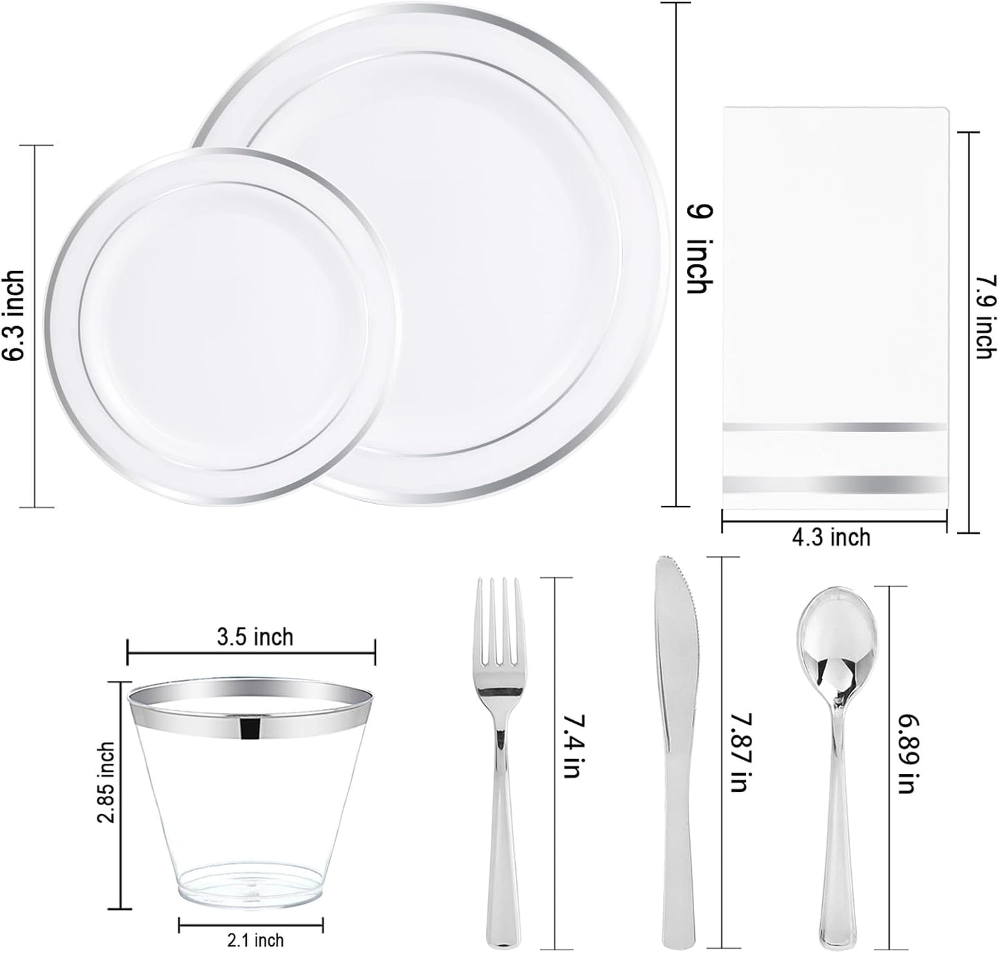 NOCCUR 700PCS Silver Plastic Plates Disposable for 100 Guests - Include 100 Dinner/Dessert White Plastic Plates with Silver Trim,300 Cutlery,100 Cups,100 Napkins for Party&Christmas