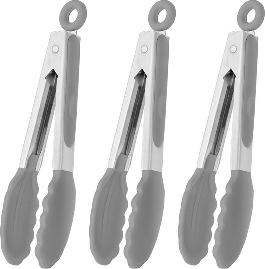 Small Serving Tongs with Silicone Tips 7 Inch Mini Stainless Steel Food Tongs, Set of 3 (Gray)