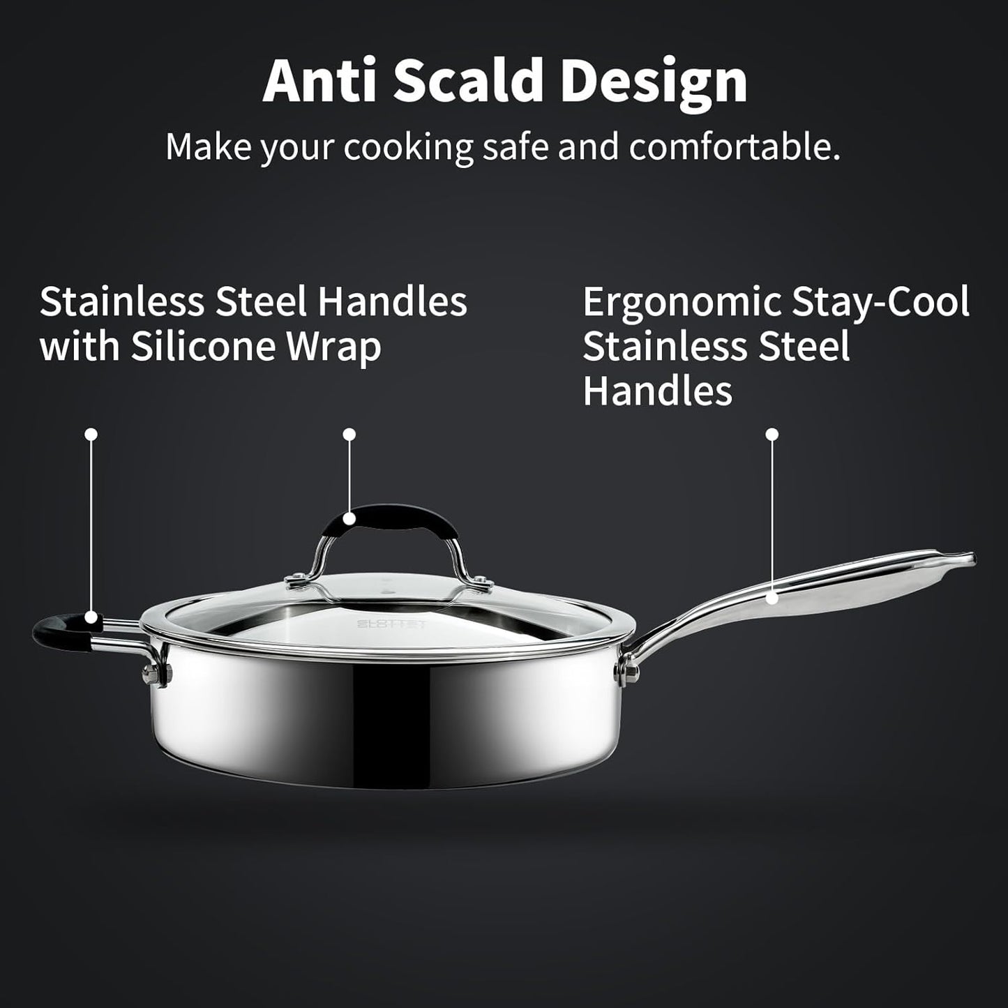 Tri-Ply Stainless Steel Saute Pan with Lid, 5 Quart Deep Sauté Pan with Stay Cool Handle,11.5 Inch Frying Pan,Dishwasher and Oven Safe,Induction Stainless Steel Cookware