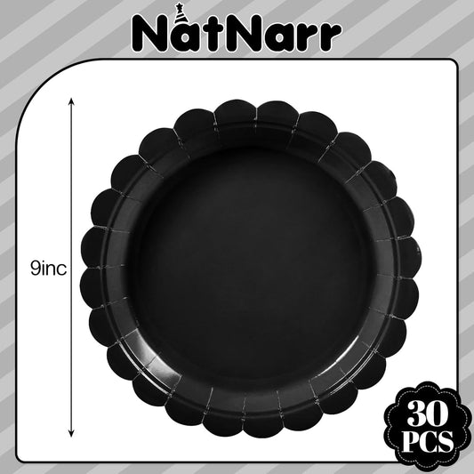 30 Pcs Black Paper Plates，9 Inch Disposable Halloween Plates Scalloped Black Cute Dessert Dinner Plate for Wedding, Birthday, Halloween
