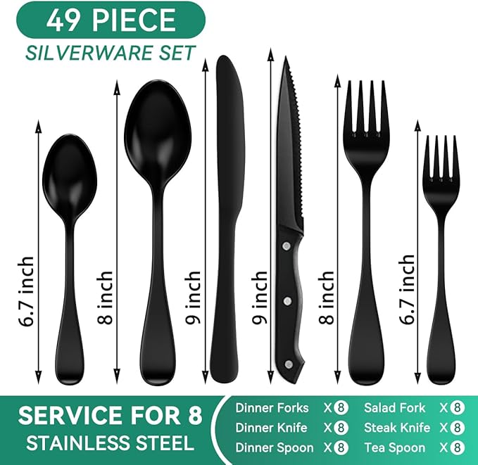 49-Piece Black Silverware Set with Organizer, Stainless Steel Flatware Set for 8 with Drawer Tray, Cutlery Steak Knives Fork Spoon for Home Restaurant, Mirror Finish, Dishwasher Safe