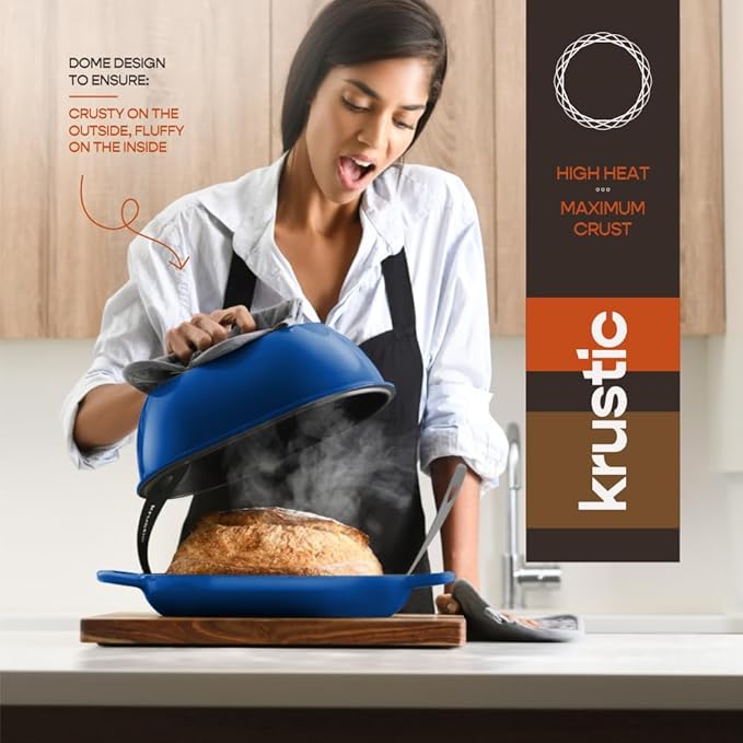 Enameled Cast Iron Dutch Oven for Professional Sourdough Bread Baking | 5.5 Quart Loaf Size Oval Cookware Pot with Lid | Triple-Layer Enamel Coating Pan with Non Stick Silicone Mat | Blue