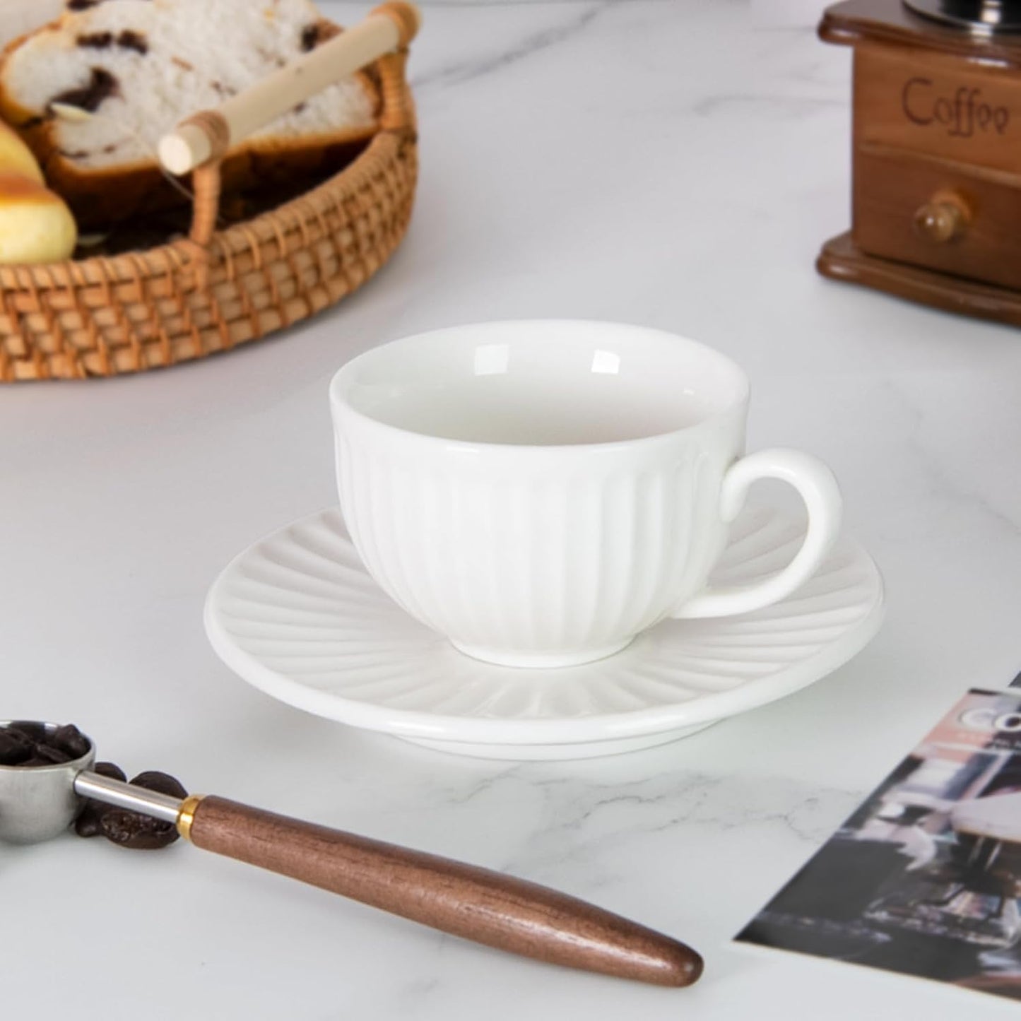 2 oz White Espresso Cups Set of 2, Ceramic Cappuccino Cups with Saucers, Durable Porcelain Tea Set & Modern Coffee Cup Collection, Coffee Lover Gifts