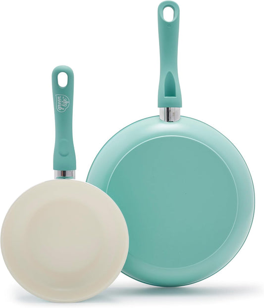 GreenLife Non Stick Fry Pan Set (7" & 10"), Non-Toxic PFAS-Free Ceramic Skillets, Dishwasher & Oven Safe, Egg Omelet Frying Pans, Stay- Cool Handles, Kitchen Home Cooking Essentials, Turquoise