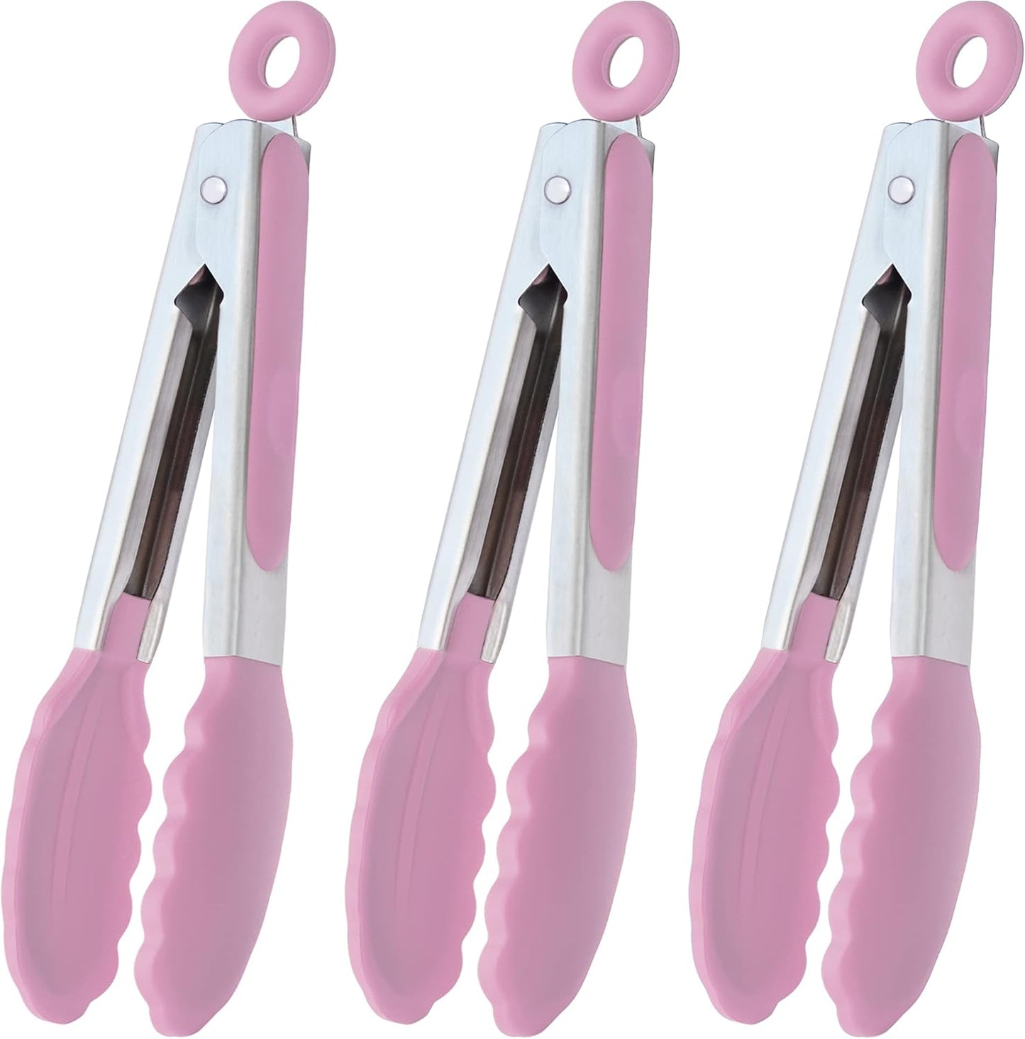 Small Serving Tongs with Silicone Tips 7-Inch Mini Tongs, Set of 3 (Pink)