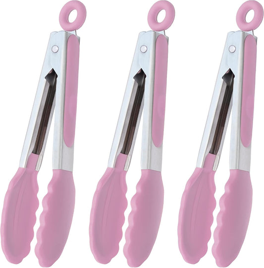 Small Serving Tongs with Silicone Tips 7-Inch Mini Tongs, Set of 3 (Pink)