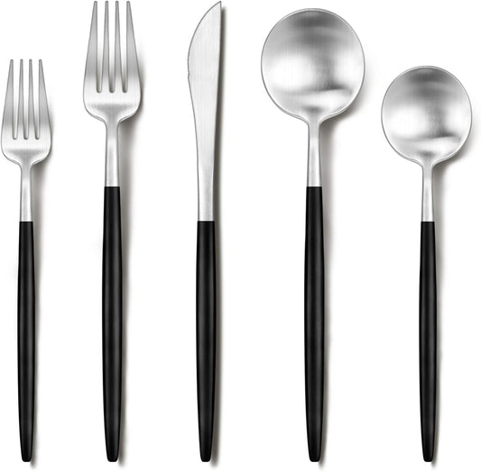 Silverware set for 6,Ollex 30-Piece Black and Silver Silverware Set include Knives Forks Spoons Matte Flatware Set Food-Grade Stainless Modern Utensil Cutlery Set with Stain Finished,Dishwasher Safe
