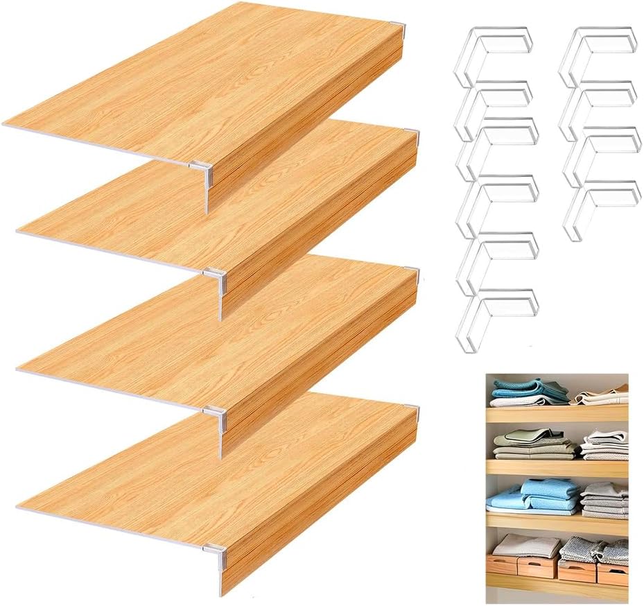 4 Pcs Wire Rack Covers, PVC Wire Shelf Cover for Pantry, Removable Closet Decoration Shelf Liners with Corner Guards for Kitchen Bathroom Office Shelving, Durable Shelves Easy Install,Wood