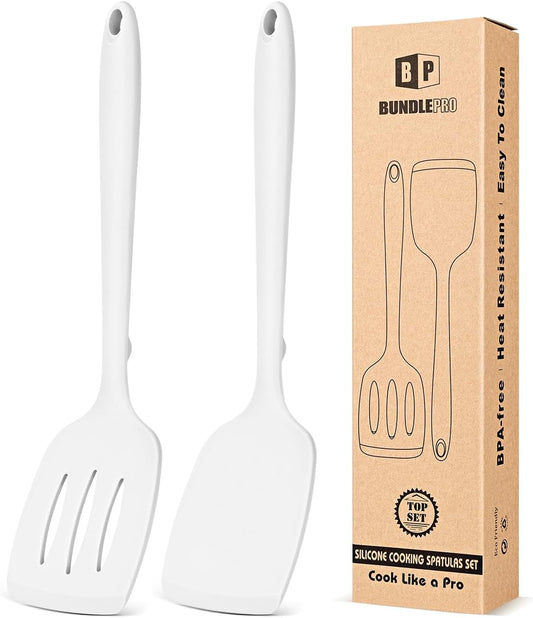 Pack of 2 Silicone Spatula Turners, Non Stick Slotted Kitchen Spatula Set, Heat Resistant BPA Free Kitchen Utensils, One-Piece Design, Suitable for Flipping Fish, Eggs, Steak, Pancakes (WHITE)