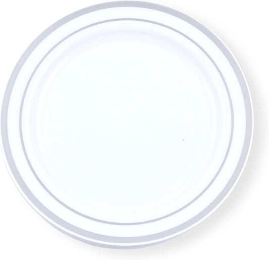 120-Piece Premium Salad Plates Set - Disposable White Plastic With Silver Rim for Party and Wedding