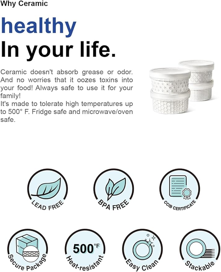 LE TAUCI Ramekins Oven Safe with Lids, 12 oz Ramikin Set for Creme Brulee, Souffle, Dipping Sauce, Onion Soup, Ceramic Food Storage Container - 5 inch, Set of 4, Arctic White