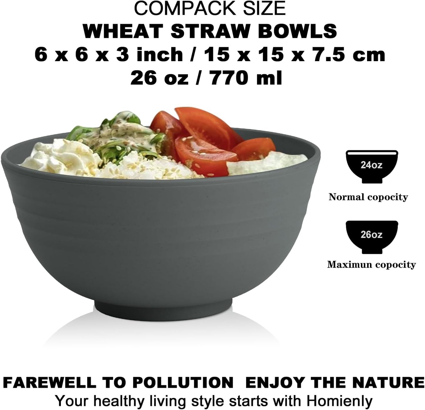 Hoimenly Wheat Straw Bowls, Unbreakable Cereal Bowl Set of 8, 26 OZ Bowls for Kitchen, Camping, Party, Microwave and Dishwasher Safe Bowls Set, Alternatives to Plastic Bowl(Dark Grey)
