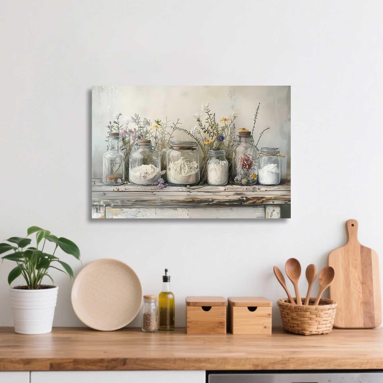 ZSHARTSWD Farm Kitchen Wall Art Country Mason Jar Spice Pictures Still Life Culinary Canvas Print Vintage Spices Food Painting Dining Room Home Decor Framed (White, 24.00" x 36.00")