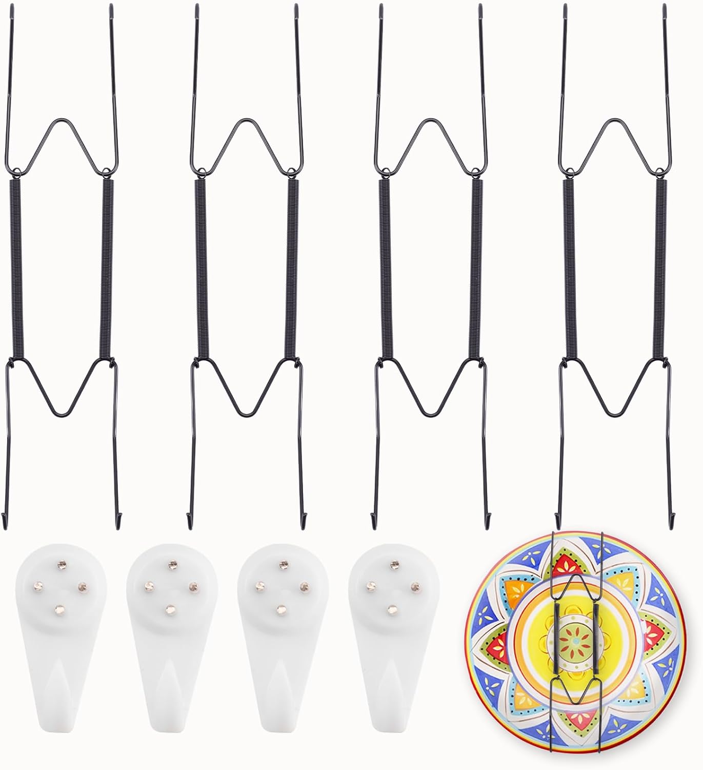 4 Pack Plate Hangers for The Wall Suitable for 9-11 inch Small Decorative Plate, Invisible Stainless Steel Plate Hangers for Display with Wall Hooks, for Plates/Platter/Dish/Picture(Black)