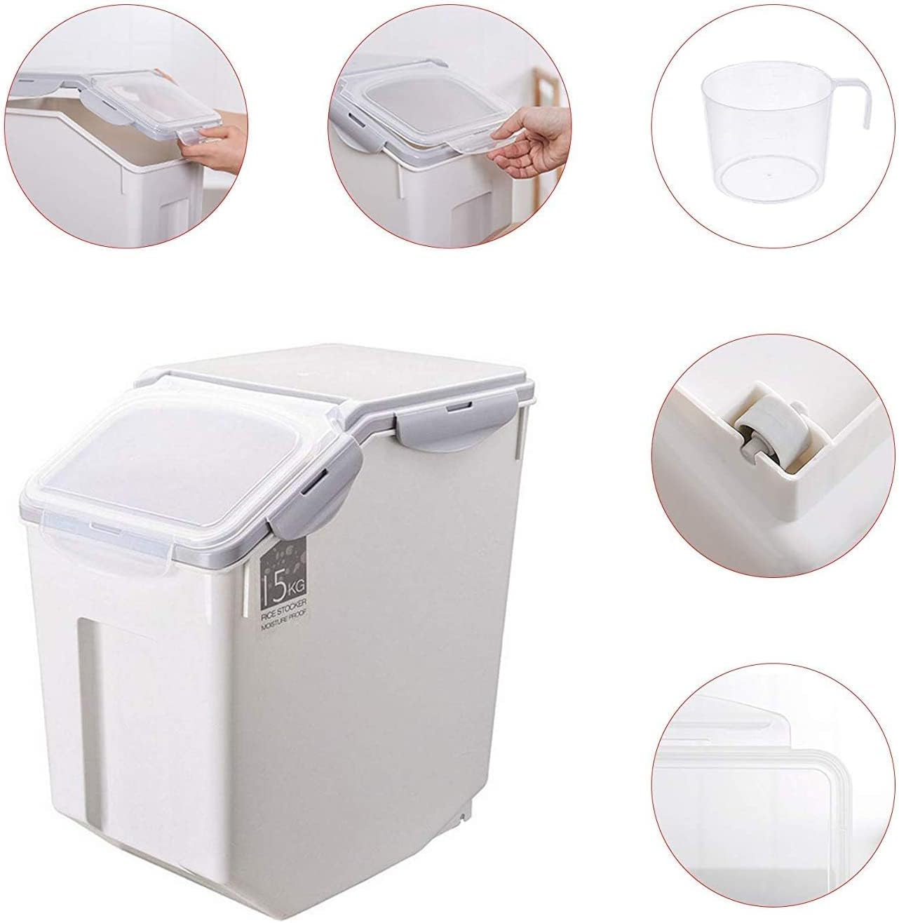 2-Pack Rice Storage Bins 15 Liter With PP Locking Lid, Large Food Storage Container with Wheels For Rice, Flour,Pet food