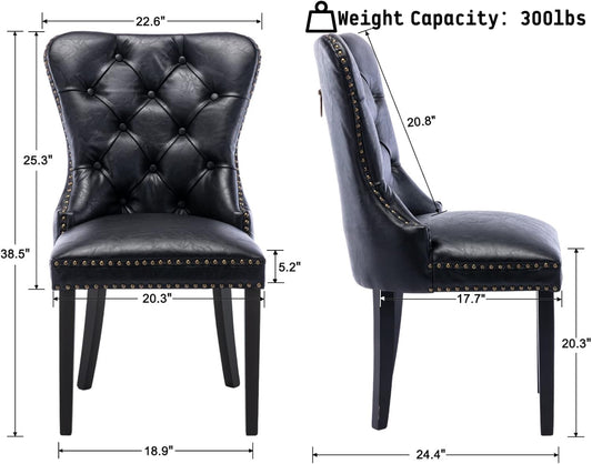 Black Leather Dining Chairs Set of 4 Mid Century Modern Tufted Chairs Armless Rubber Wood Vintage Furniture Chairs PU Upholstered Nailhead Side Chairs with Pull Ring for Kitchen/Cafe