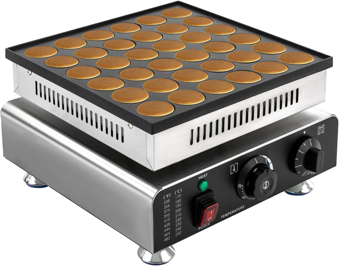 900W Commercial Mini Pancake Maker, 36 Grids Electric Mini Pancake Griddle Non-Stick Stainless Steel Dutch Pancake Maker w/Time & Temper Adjustable|Temper Comparison Table, Large Waffle Machine