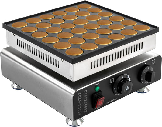 900W Commercial Mini Pancake Maker, 36 Grids Electric Mini Pancake Griddle Non-Stick Stainless Steel Dutch Pancake Maker w/Time & Temper Adjustable|Temper Comparison Table, Large Waffle Machine