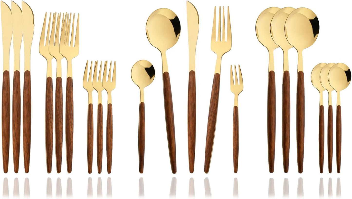 JASHII Wood Handle Flatware Set, 20 Pieces Stainless Steel Silverware Cutlery Set, Mirror Polished, Knife Fork Spoon Set, Dishwasher Safe - Pointed Head Gold