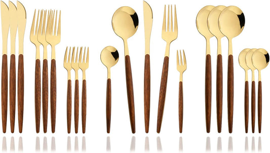 JASHII Wood Handle Flatware Set, 20 Pieces Stainless Steel Silverware Cutlery Set, Mirror Polished, Knife Fork Spoon Set, Dishwasher Safe - Pointed Head Gold