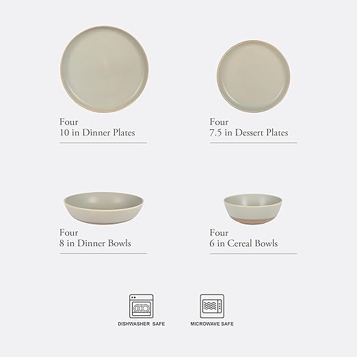 Gibson Elite Laguna Bliss 16 Piece Stoneware Reactive Glaze (Service for 4) Ceramic Plates and Bowls Dinnerware Set - Matte Green W/Terracotta Bottom