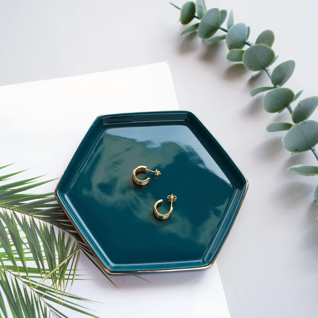 4.7 inch Ceramic Jewelry Dish Tray, Small Ring Holder Dish, Green Catch All Trinket Tray for Keys Rings Earrings