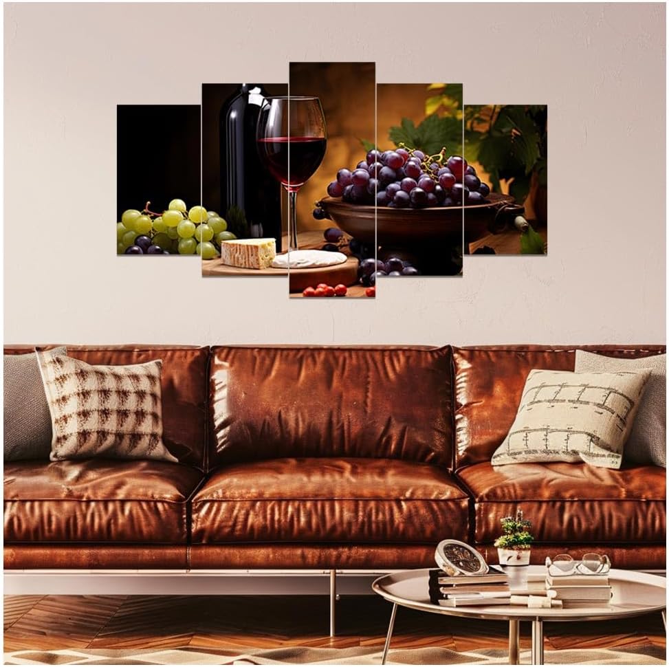 DOARTDO 5 Pieces Kitchen Wall Art Wine and Fruit Grape Pictures Food Canvas Prints Red Wine Cups Painting Large Kitchen Dining Room Bar Cellar Decor Framed (Brown, (12x20inx2 12x30inx2 12x40inx1))
