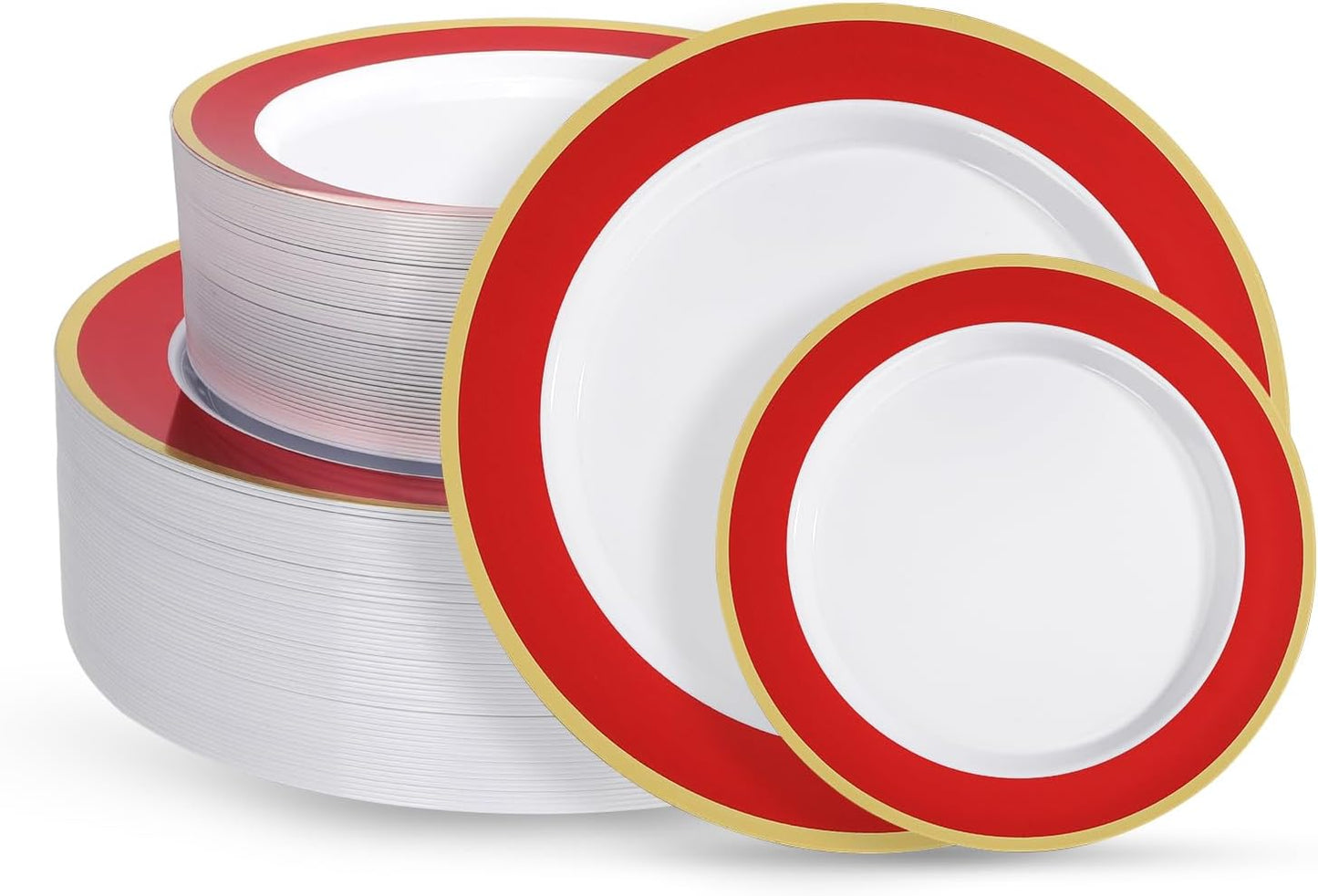 100Pack Plastic Plates Disposable Heavy Duty for Christmas Include 50PCS 10.25inch Dinner plates and 50PCS 7.5inch Dessert Plastic Plates for Party Wedding Birthday New Year,Red