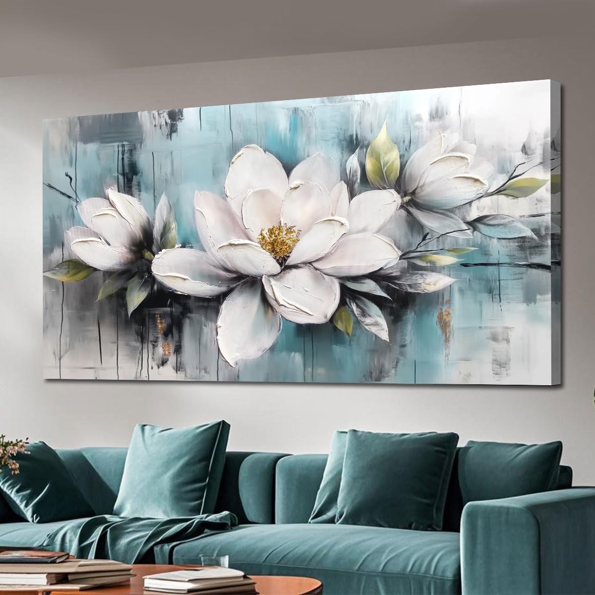 Ardemy Magnolia Wall Art for Living Room, Extra Large White Floral Canvas Wall Art Bedroom Painting Pictures Wall Decor Teal Flower Artwork for Walls Home Office Dining Room, 58"x29"