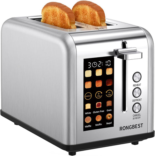 2 Slice Touch Screen Toaster, Stainless Steel Toaster with Wide Slots for Bagels and Bread, Reheat/Defrost/Cancel Functions, Removable Crumb Tray, Silver