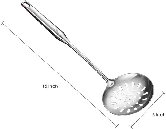 Skimmer Slotted Spoon,304 Stainless Steel Slotted Spoon, Handle Mesh Food Strainer Stainless Steel Colander with Hollow Handle Heat Resistant Cooking Tool,Silver/15.1Inch