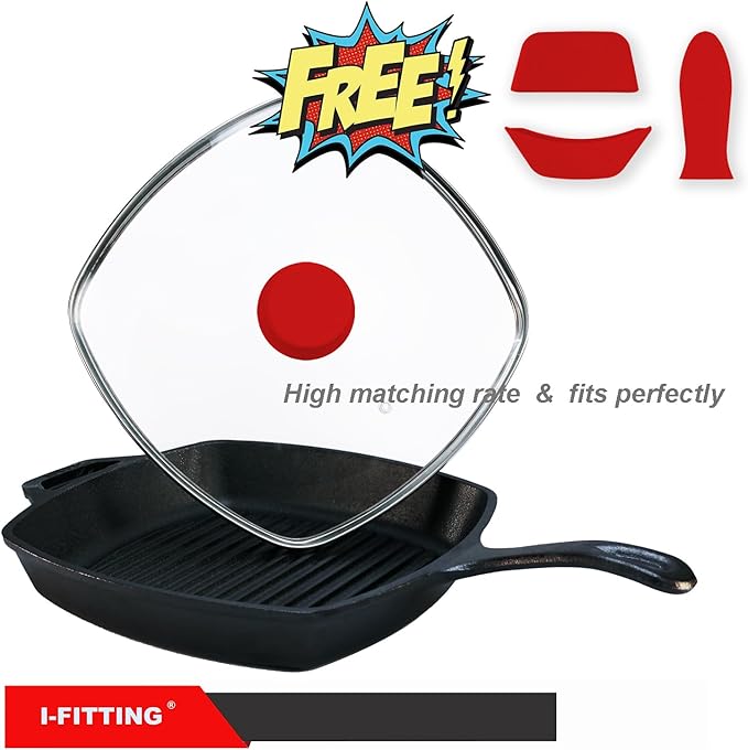 Square Glass Lid for Grill Pans with Steam Vent Hole - Fits Lodge Cast Iron Skillets 10.5inch/26.67cm Silicone Potholder- Square Tempered Glass Lid - Universal Replacement Cover Silicone Knob