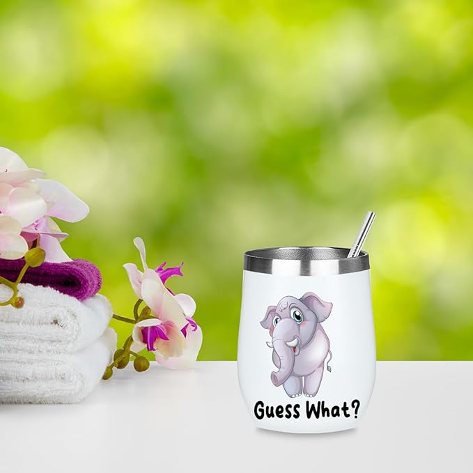 Cute Funny 12 oz Tumbler, Wine Tumbler Insulated Wine Glass with Lid, Elephant Gifts Elephant Supplies Accessories for Women Girls Boys Daughter Sister Animal Lovers Friendship Christmas Birthday