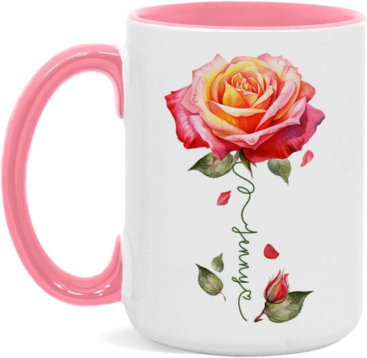 Novelty Rose Accent Cup For Girl, Personalized Rose Flower Coffee Mug 11oz 15oz, Customized Rose Lover Ceramic Cup With Name, Custom Flower Design Mug, Gift For Anniversary