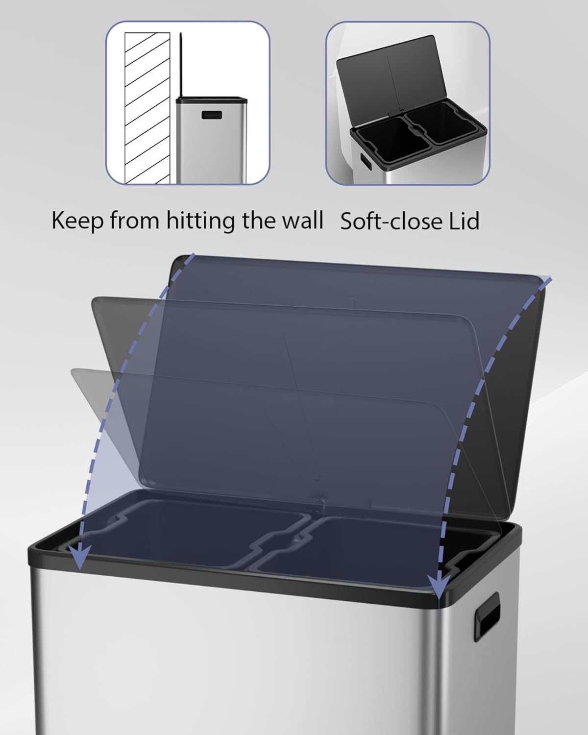 Garvee Dual Trash Can for Recycling and Trash, Stainless Steel Kitchen Trash Can with Lid and Foot Pedal, Double Compartment Garbage Can, with Recycling Bin