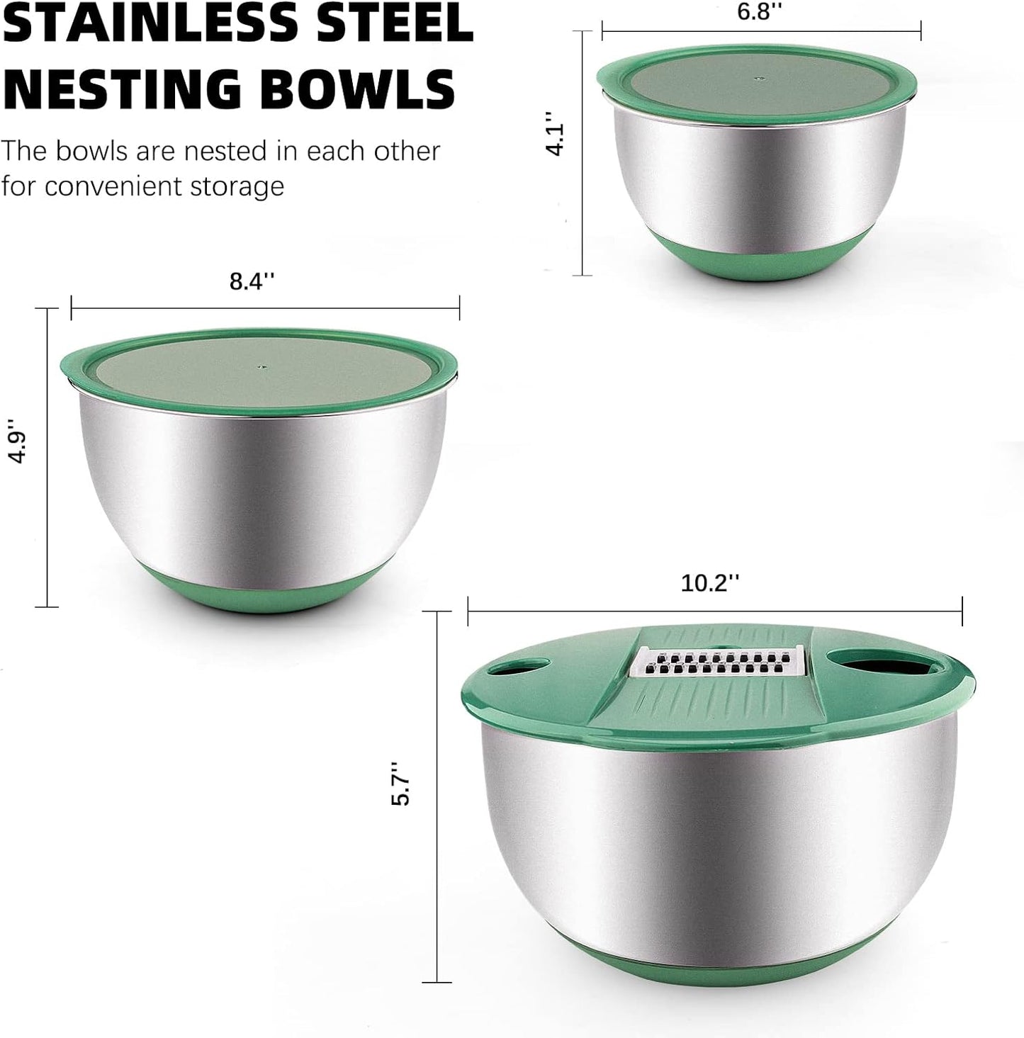 Mixing Bowls Set of 3 Stainless Steel Bowl with Lids Set, Nesting Bowls with Graters Airtight Lids for Cooking, Baking, Prepping(Green)