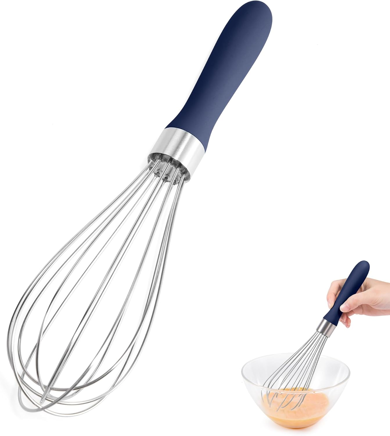 18/8 Stainless Steel Balloon Whisk, Doosu Kitchen Whisk for Cooking Handheld Egg Beater with Rust-Proof Sturdy Wires & Non-Slip Silicone Handle for Beating, Stirring, Blending (6 Wires, Navy Blue)