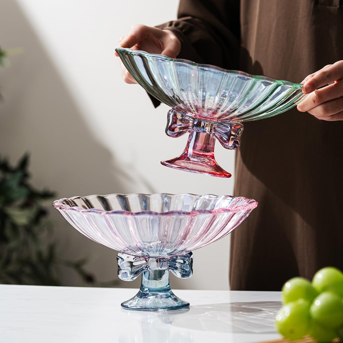 Glass Fruit Bowl. 9 inch Glass Pedestal Bowl. Elegant Bow Decoration Multicolor Salad Plate. Suitable for Fruit, Dessert, Candy, Snack & More. (Green & Pink)