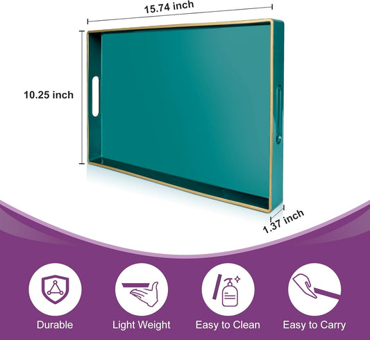 Gifturbo Teal Serving Tray,Rectangular Serving Trays with Handles, Plastic Coffee Table Tray Decorative Tray for Ottoman,Living Room, Bathroom, 15.7” x 10.2” x1.37”