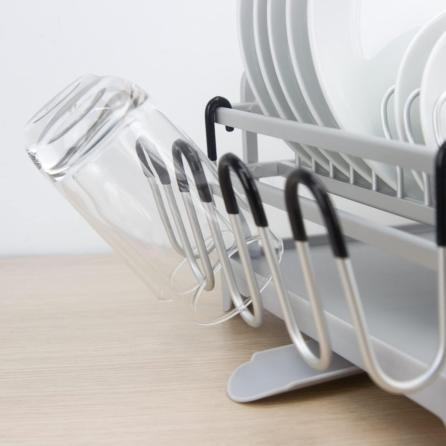 Evelyne GMT-10353-B Aluminum Dish Drying Rack with Utensil Holder - 2 Tier Kitchen Countertop Rust Proof Dish Rack Lid Hanger and Drainboard Set - Large Dish Organizer Rack